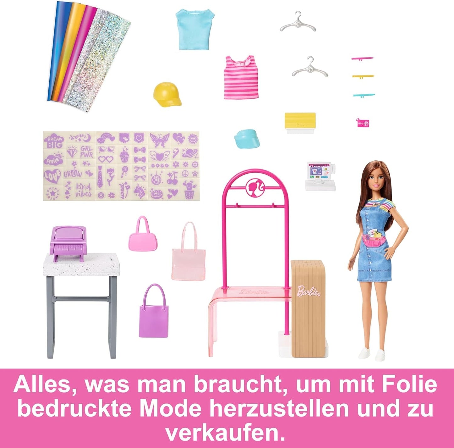 Barbie Fashion Boutique legesæt - foliemønsterdukke, over 150 originale looks, inkluderer 2 bluser og 5 folieark, tøjstativ og kreditkortlæser, 3+, HKT78
