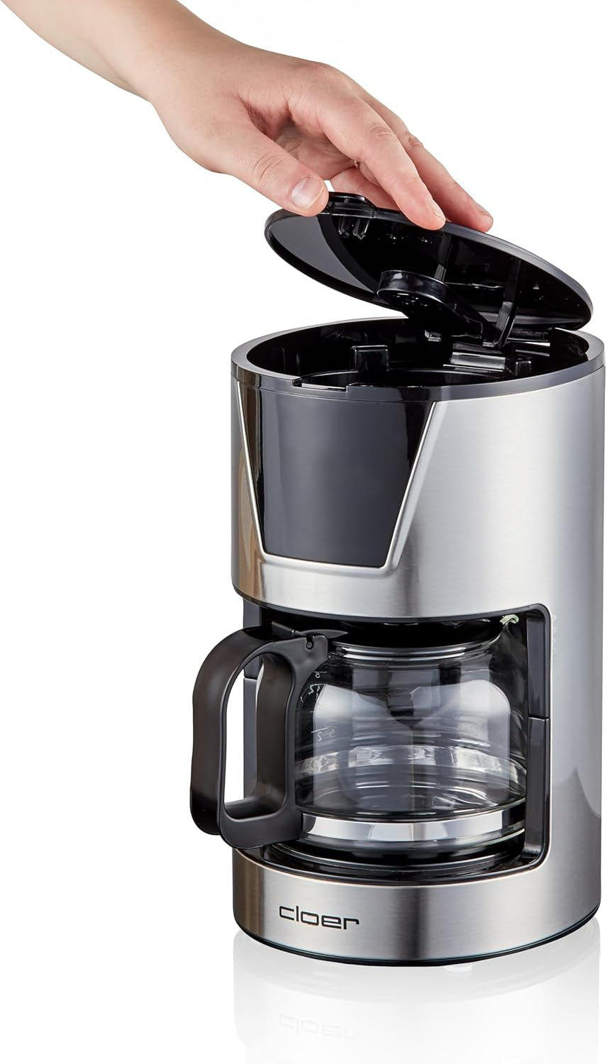 Cloer 6-kops filter espressomaskine, skånsom holde varm funktion, glaskaraffel, måleske, vandstandsindikator, anti-dryp system, automatisk sluk, filterstørrelse 1x2, 550W, rustfrit stål