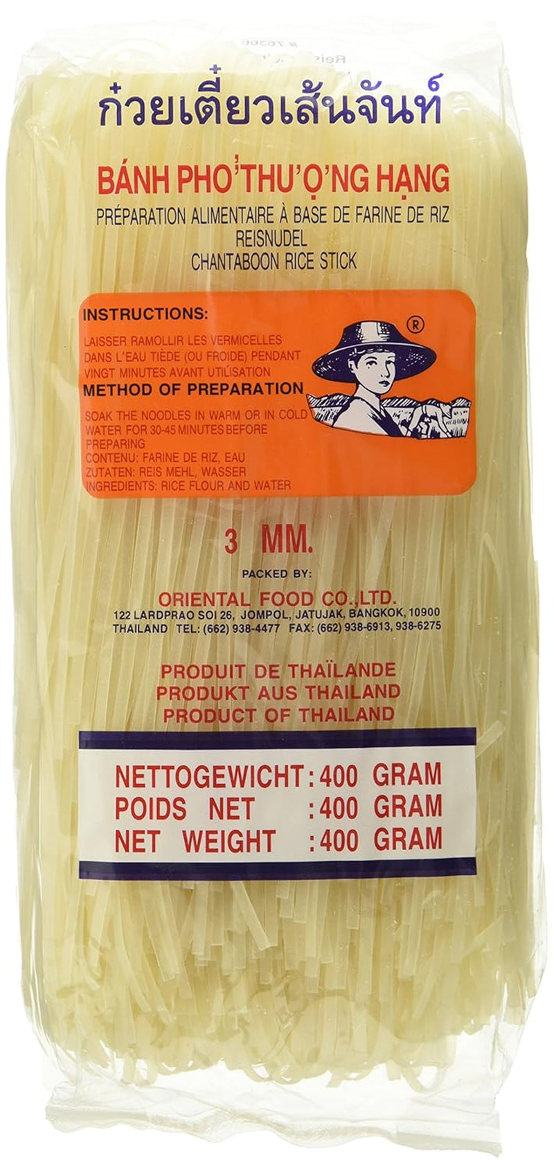 Risnudler - Thai, 3 mm brede risbåndsnudler, lavet af rismel - 17 x 400 g