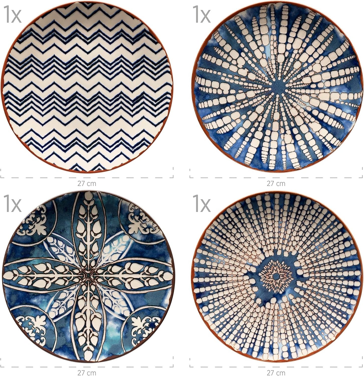MÄSER 934017 Iberico Blue 4-personers middagssæt, 12 dele, maurisk stil, forskellige vintagedesigns i hvid og blå, keramik