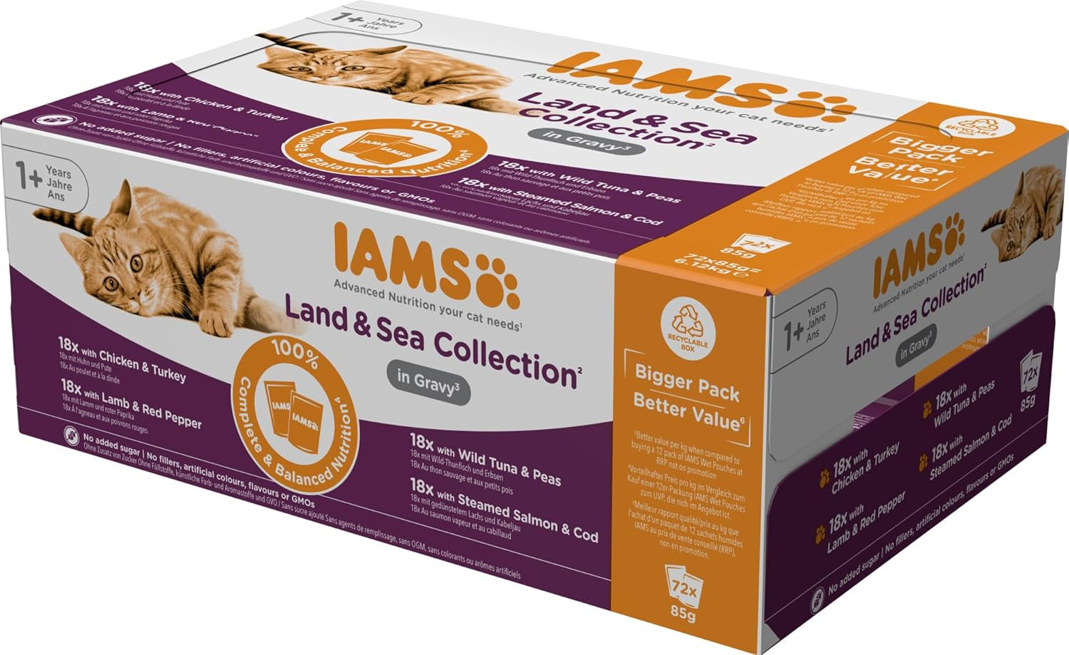 IAMS Delights Land & Sea Collection våd kattefoder - kød- og fiskesortiment Multipak i sauce, vådfoder til katte fra 1 år, 72 x 85 g