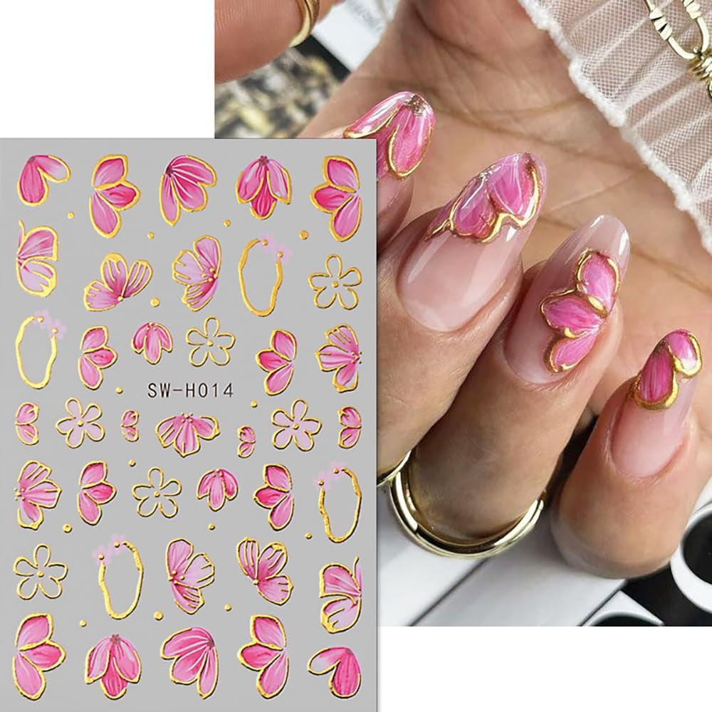 Guld Linie Schieber Rosa Nagelsticker Blumen 3D Flower Nail Sticker Sakura Blütenblätter Blumen Nagelaufkleber Frühling Sommer Floral Nagel Sticker Flowers Nagel Stickers Nageldesign Zubehör Nail Art