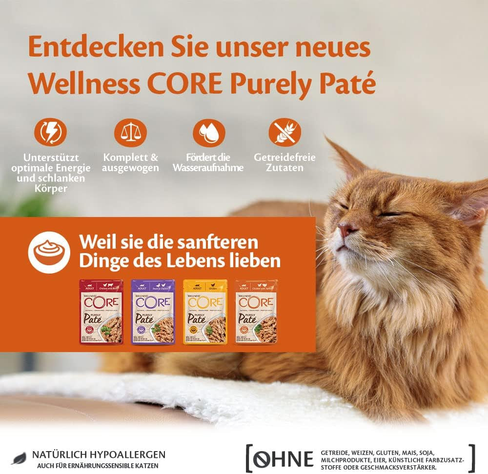 Wellness CORE Purely Paté 24 x 85g, Kylling og Kalkun - Vådfoder til katte, fin paté, kornfri, naturlig, allergivenlig, højt proteinindhold, højt indhold af kød