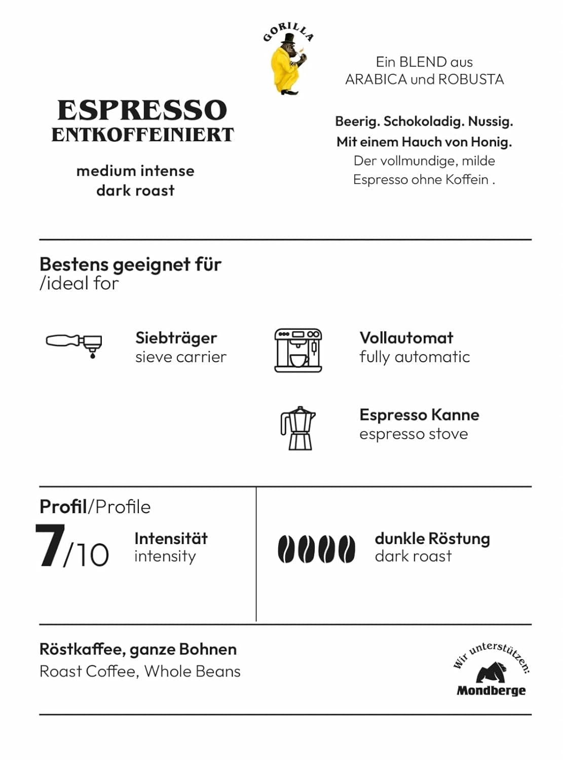 Espresso GORILLA 1000g koffeinfri, hele bønner