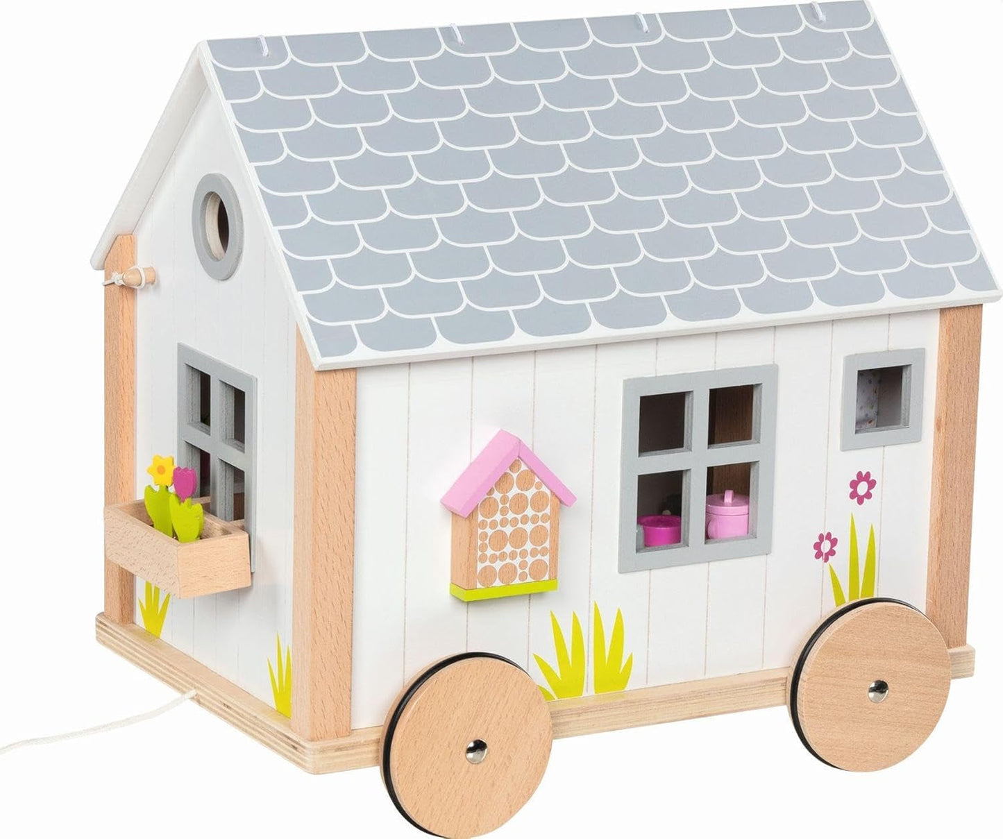 Goki 51477 - Lille Hygge træ- og tekstilhus til minidukker, bevægeligt dukkehus i skandinavisk stil, 38 cm x 27 cm x 33 cm, sæt med 40, 3+ dukkehuse Naty Shop