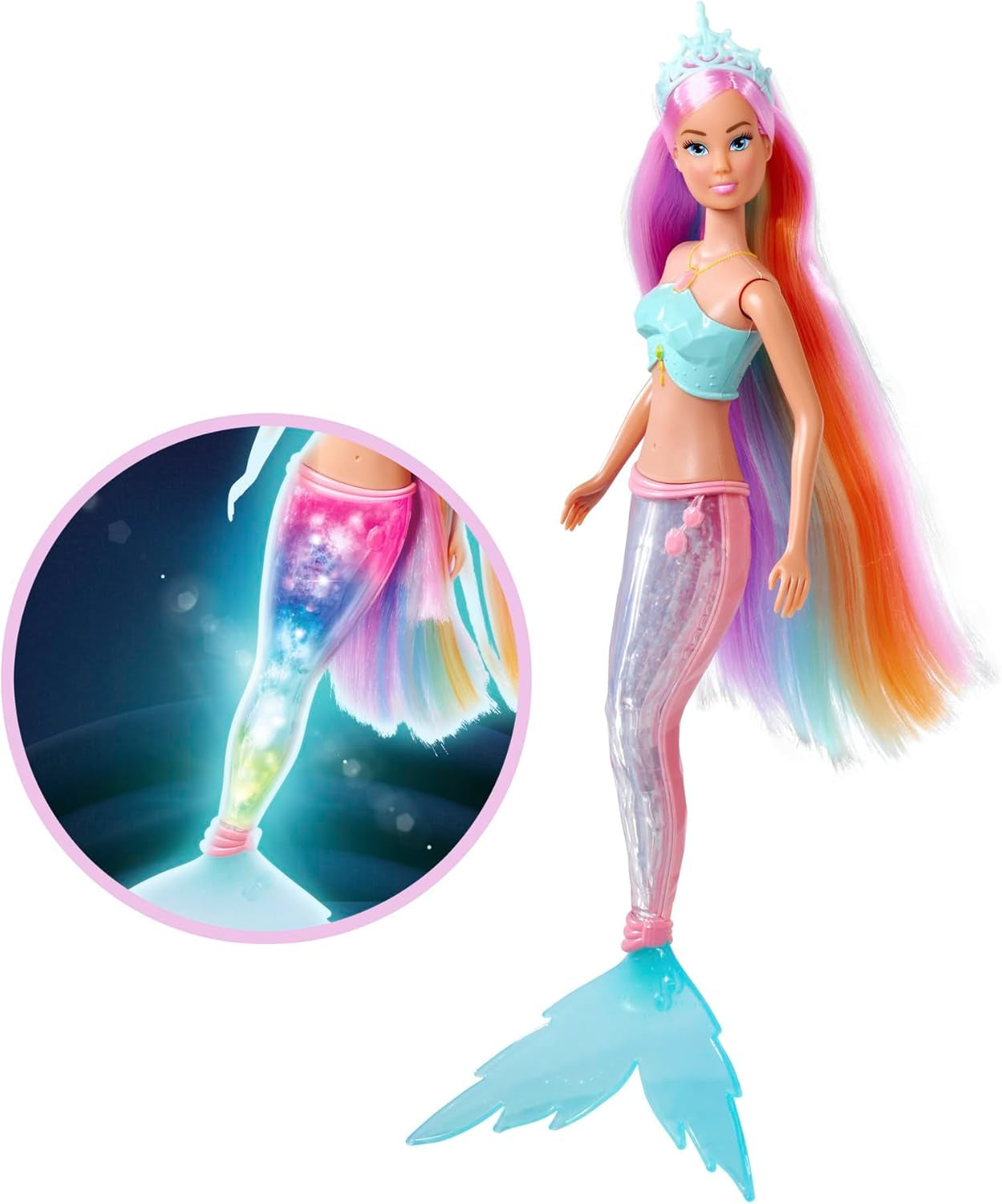 Steffi Love Magic Rainbow Mermaid, Havfruedukke med Magic Rainbow Light-funktion og ekstra langt hår, 39 cm, 3+
