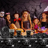 49 styks Halloween Spider Papir Bestiksæt Inklusiv tallerkener, servietter, glas og dug. Sort spisestel med desserttallerkener, servietter og glas.