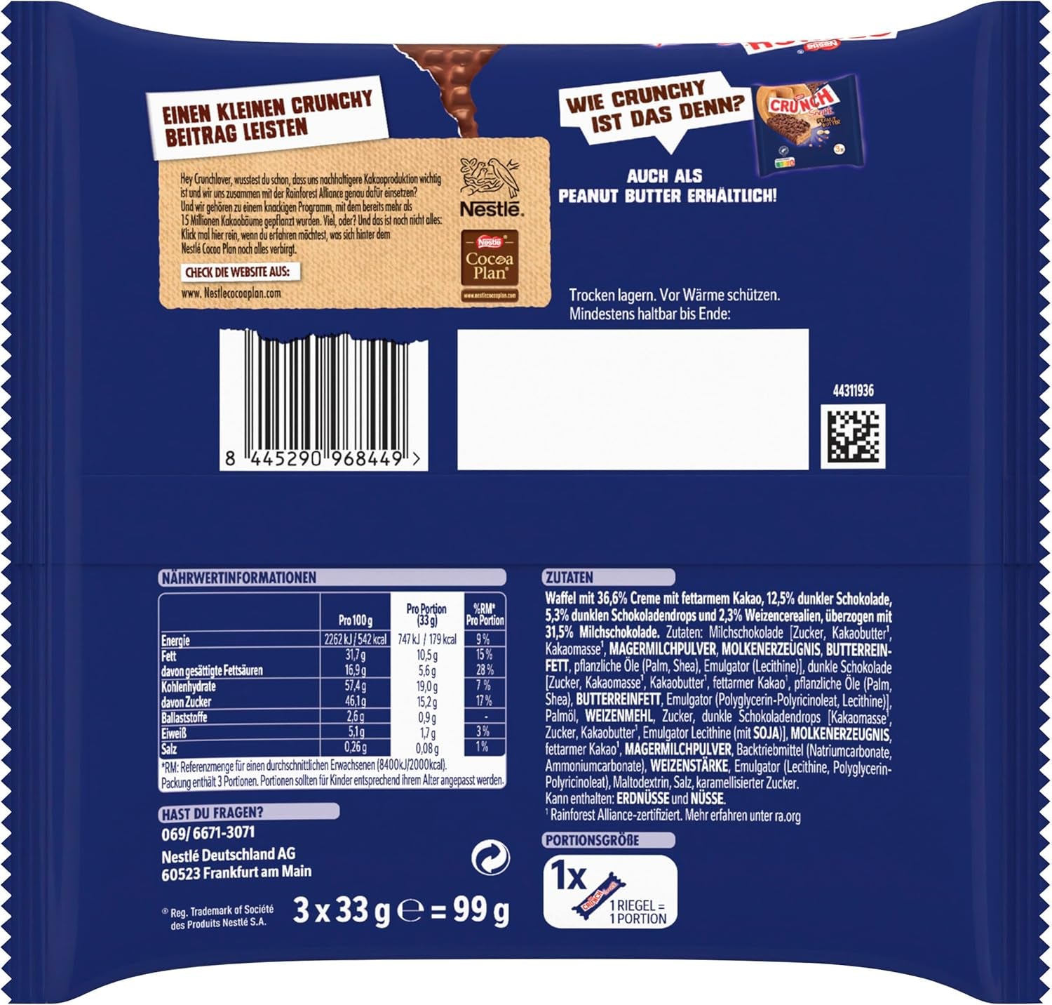 Nestlé CRUNCH Milk Bar, sprød chokoladebar med mælkechokolade og korn, 1 pakke (3 x 33 g)