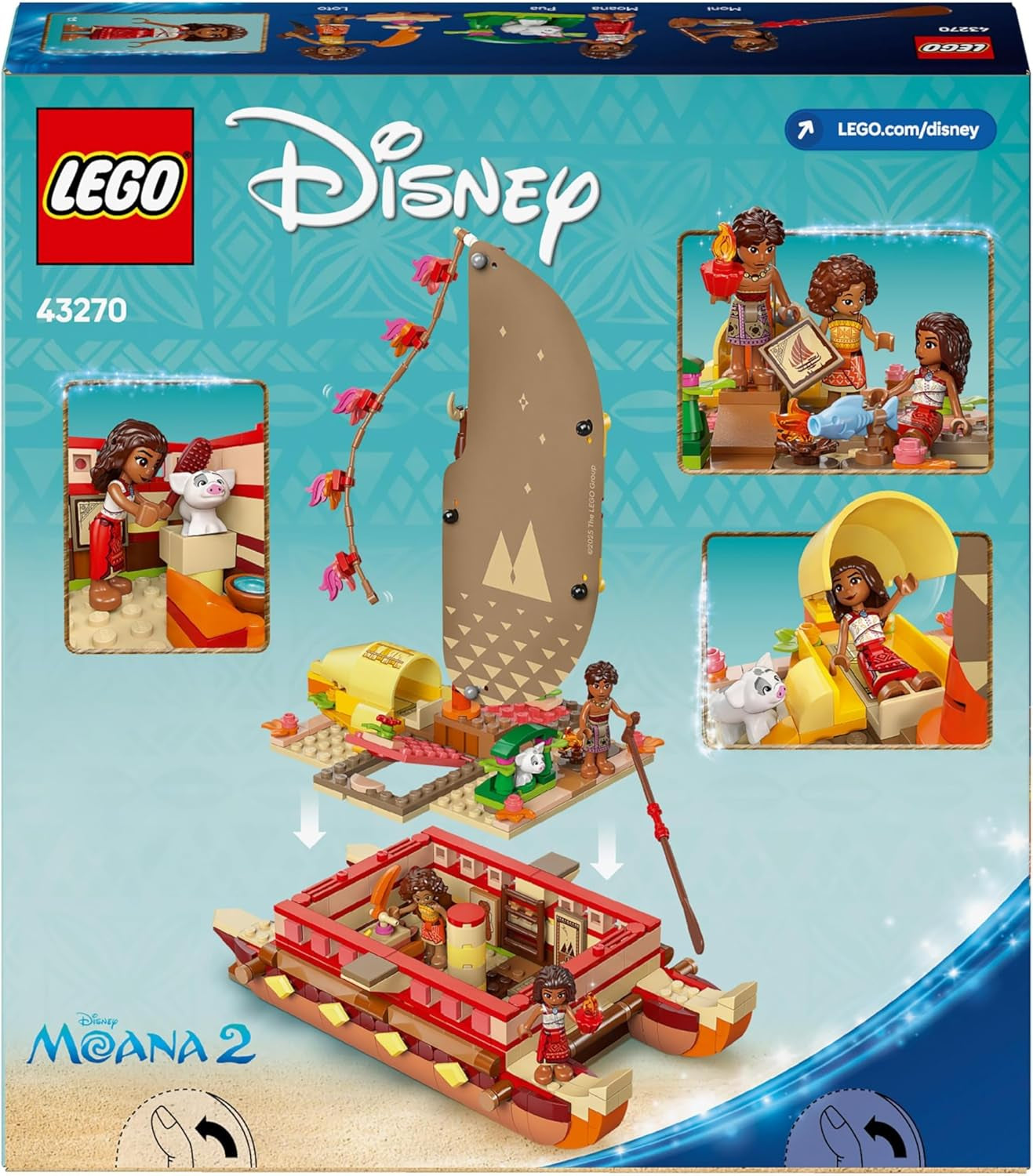 LEGO Ç€ Disney Moana 2: Moana's Adventure Raft - Legetøjsbåd med sejl, aftageligt dæk, lejrbål og 3 minidukker inklusive Loto og Moni - Gave til piger på 6+ og fans - 43270 Byggesæt Beuche den LEGO-Store