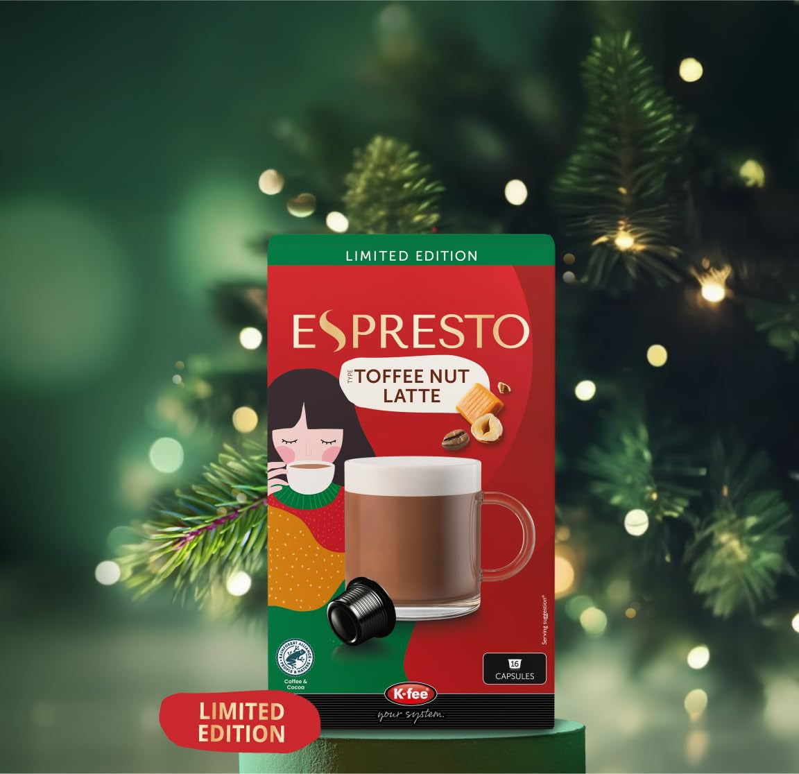 ESPRESTO Toffee Nut Latte, kompatibel med K-fee & ALDI EXPRESSI*, mælkekaffe med smag, RFA-certificeret, 96 kapsler