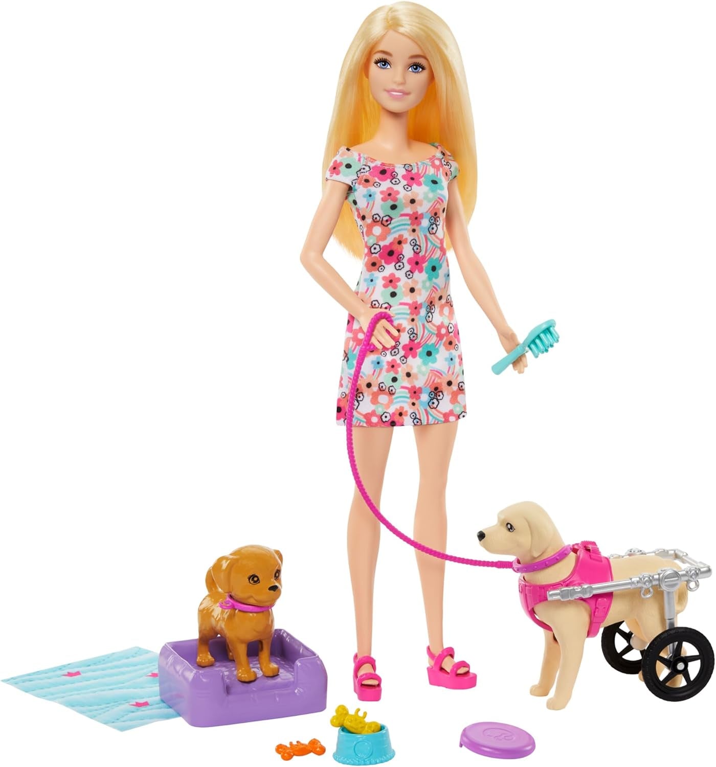 Barbie Dog Duo dukke og tilbehør, inklusive hvalp og stor hund med kørestol, snor, madskål, kæledyrsseng og knoglebelønninger, til alderen 3 og opefter, HTK37