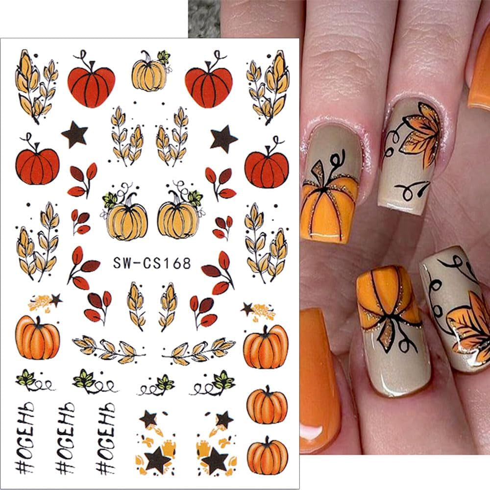 3D Autumn Nail Stickers Græskarblade Negle Stickers Geometrisk linje Blomster Negle Stickers Thanksgiving Day Design Negle Stickers Efterår Pumpkin Nail Stickers Negletilbehør Negle Art