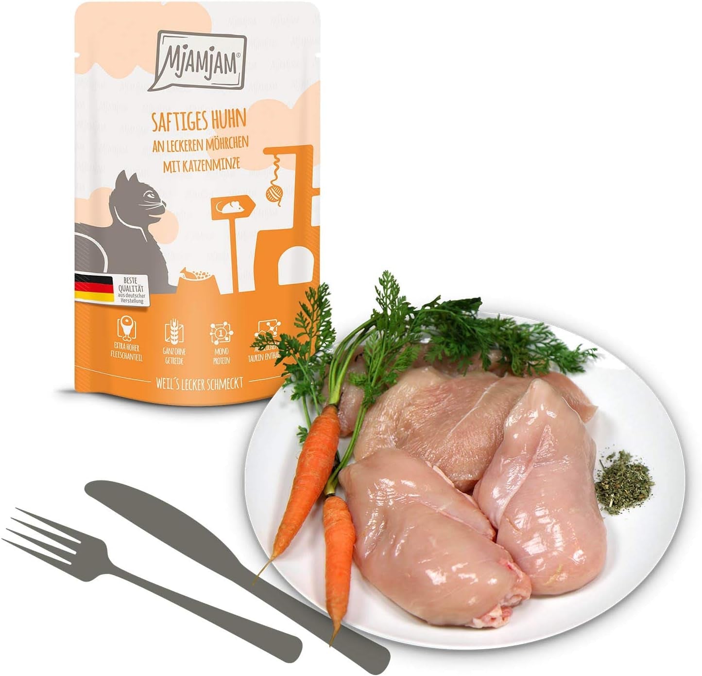 MjAMjAM - Premium våd kattefoder - Blandet pakke I - Kylling, oksekød, hjerter 12 pakke (12 x 125 g), kornfri med ekstra kød