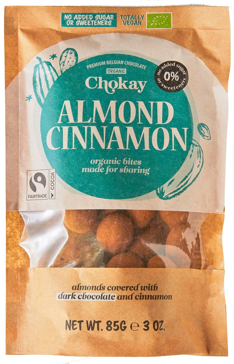 Sæt med 4 økologiske bid - kanelmandler/kanelmandler i belgisk mørk chokolade/ingen tilsat sukker, ingen sødemidler/VEGAN & FAIR TRADE / 4 x 85g