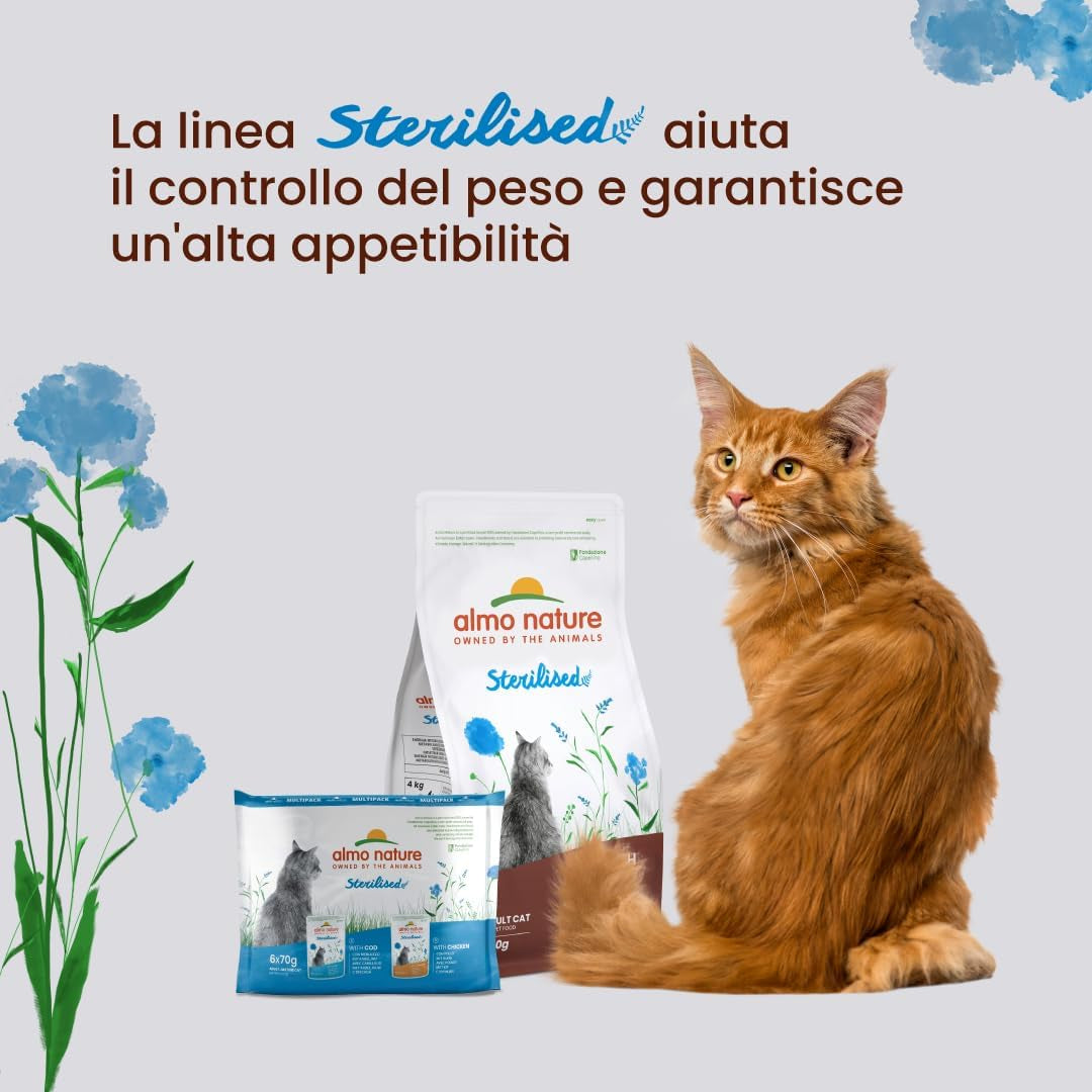 Almo Nature Functional - Steriliseret - Vådfoder til voksne og seniorkatte, steriliseret eller mindre aktive - med torsk og kylling - Fedtfattig, fugtgivende - 70g (pakke med 6)