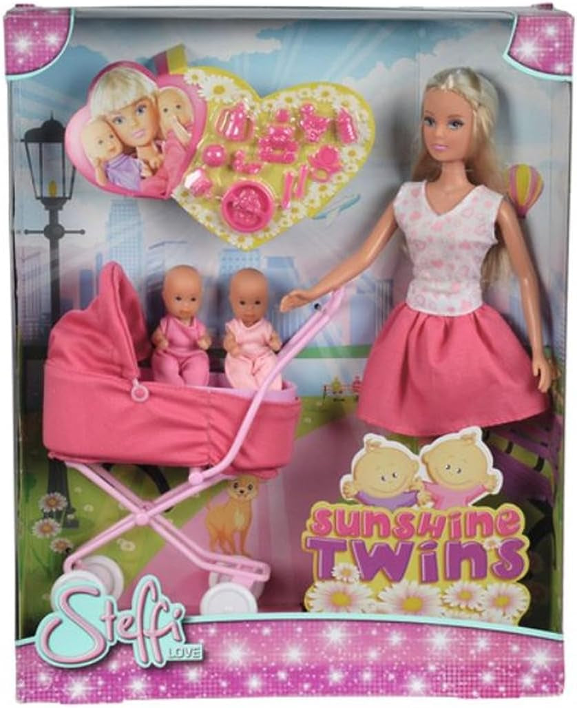Simba Steffi Love Sunshine Twins - Dukke med tvillinger og klapvogn, inklusive tilbehør som flasker og legetøj, matchende variant med 2 dukker, dukkesæt til børn fra 3 år og opefter