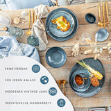 SANGER | Darwin 12-delt porcelænssæt, stentøjsstel til 4, blåt stel med middagstallerkener, desserttallerkener og suppetallerkener, håndlavet porcelænssæt | PREMIUM KOLLEKTIONEN