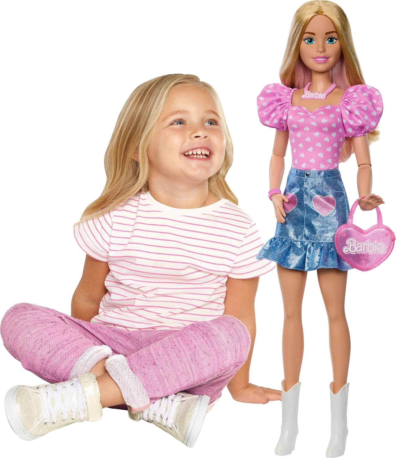 Moderigtig Barbie-dukke 71 cm blond med aftageligt tøj Pink top denimnederdel Cowboystøvler Halskæde og håndtaske HYT84