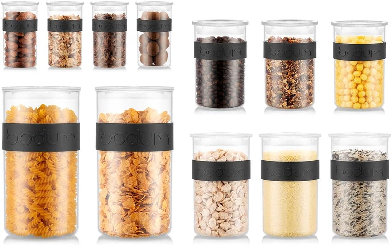 BODUM PRESSO opbevaringsglas, plastik, sorte, 4 x 0,25 l, 3 x 0,6 l, 3 x 1 l, 2 x 2 l Naty Shop madopbevaringsbokse Sort 4 X 0,25 L, 3 X 0,6 L, 3 X 1,0 L, 2 X 2,0 L