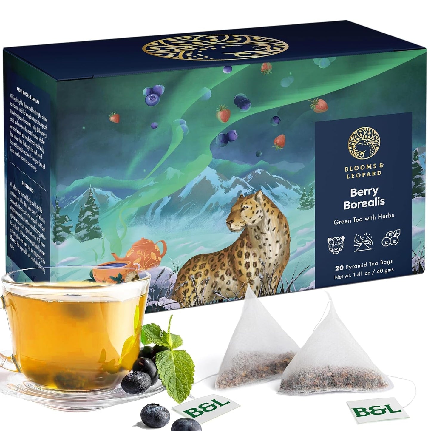Blooms & Leopard Premium grønne teposer - Berry Borealis Blend med Hibiscus, Blåbær, Jordbær og Spearmint - 20 Pyramid teposer til varm eller kold te