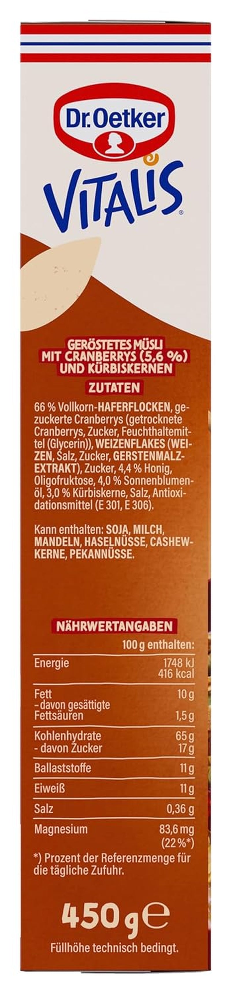 Dr. Oetker Vitalis ristet müsli med tranebær og græskarfrø: ristet müsli med tørrede tranebær, pakke med 8 (8 x 501 g)