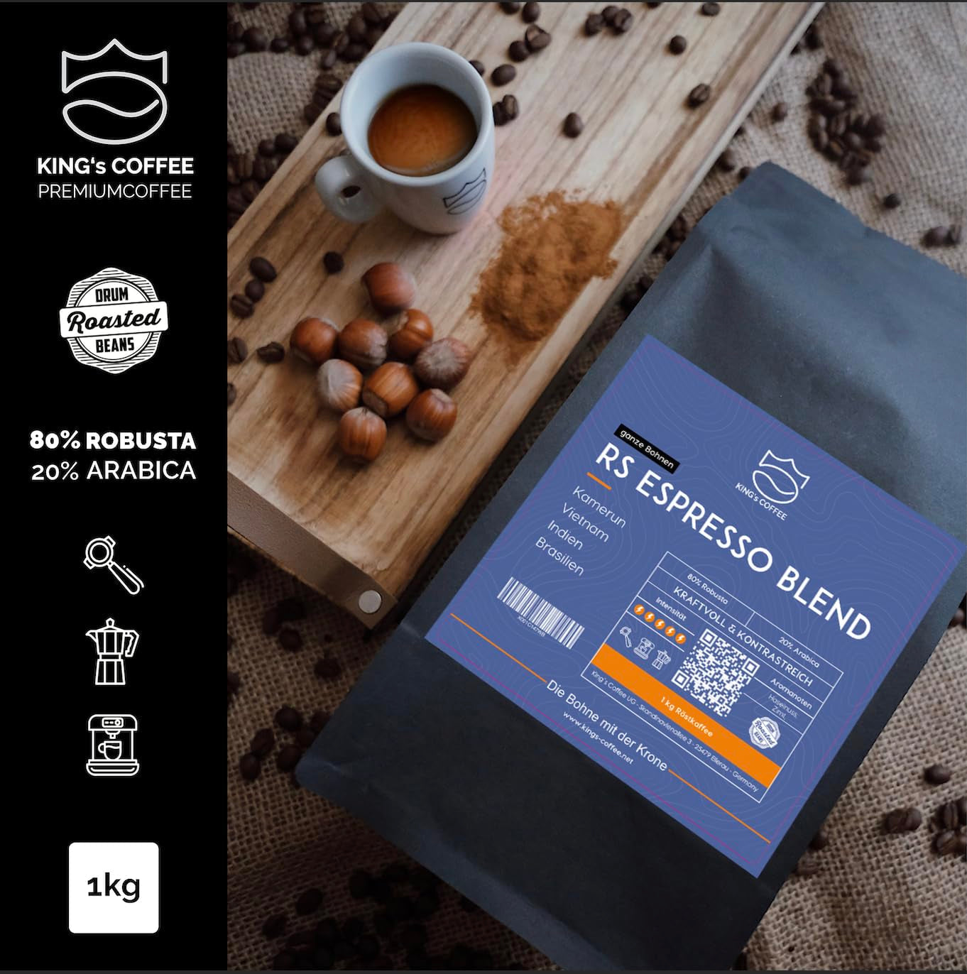 KING'S COFFEE - AMESTEC RS ESPRESSO - 1 kg stærke og aromatiske kaffebønner - kaffe med lav syreindhold - kaffe med hel bønne - ristning af små partier fra Italien - espressobønner til fuldautomatiske maskiner og portafiltermaskiner