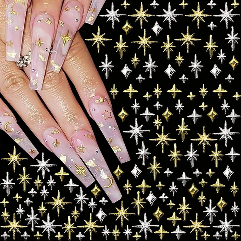 120 stk Guld-Sølv Stjerne Nail Charms Star Y2K Nails Metal Star Nail Charms Blandede størrelser Negleskruer Star Nail Design Nail Art 3D Star Charms Negledekoration Negle Charms Negletilbehør