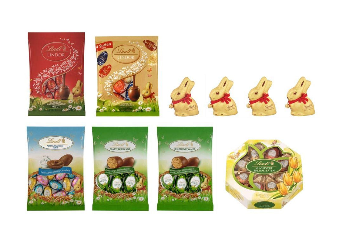 Chokolade påskesæt | 894g | Indhold: Gyldne kaniner og chokolade gyldne kaniner | 100 g gyldne kaniner | Premium hvid chokolade med jordbærstykker i form af en kanin til påske