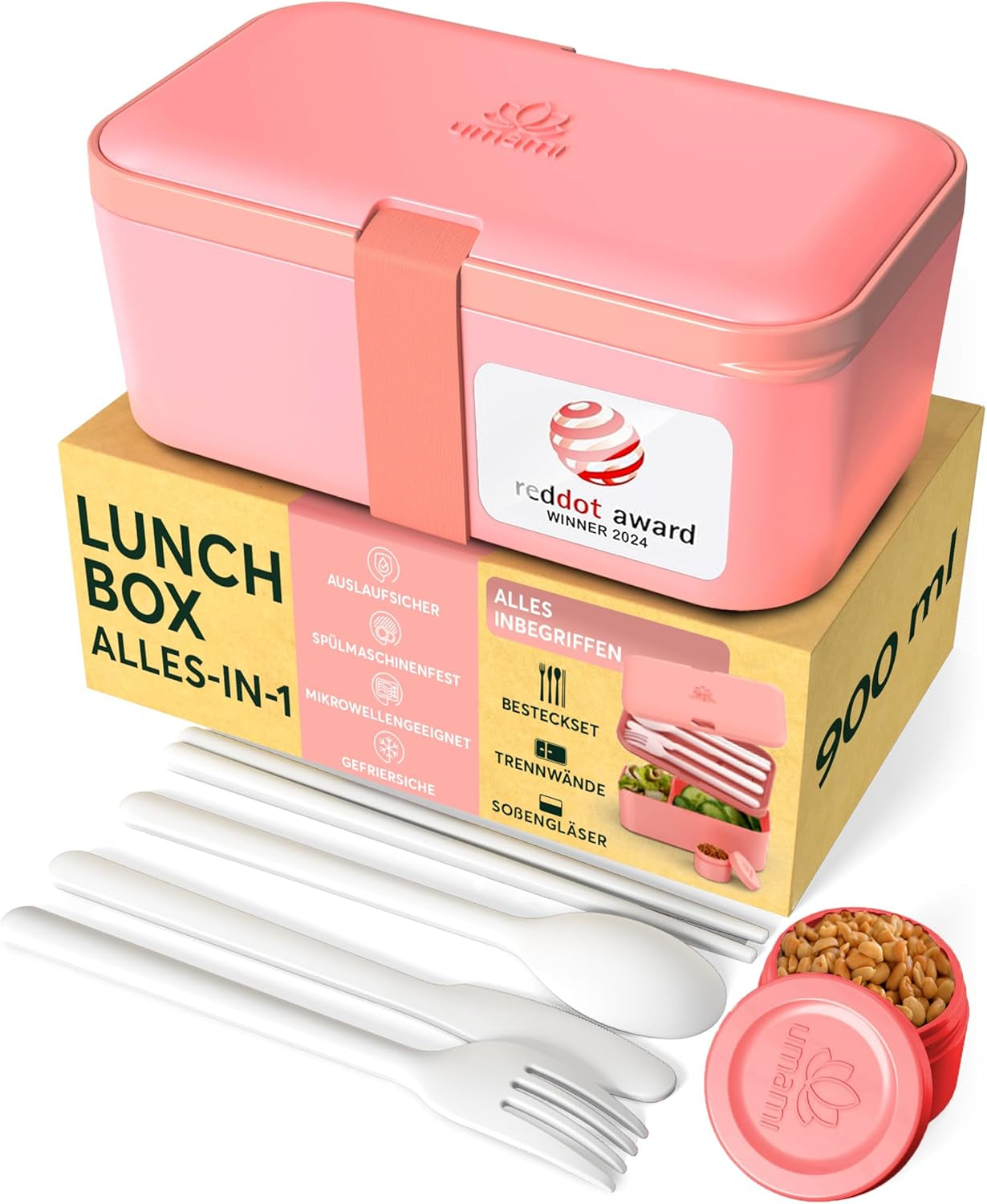 Umami madkasse til voksne, stabelbar Bento-kasse med 4 bestik og rum, madpakke til voksne, to-go-salatbeholder, Picnic-/kontormadkasse, koksgrå, 1500 ml Naty Shop Madopbevaringsbokse Coral Pink - 900 ml M - 900/1000 ml