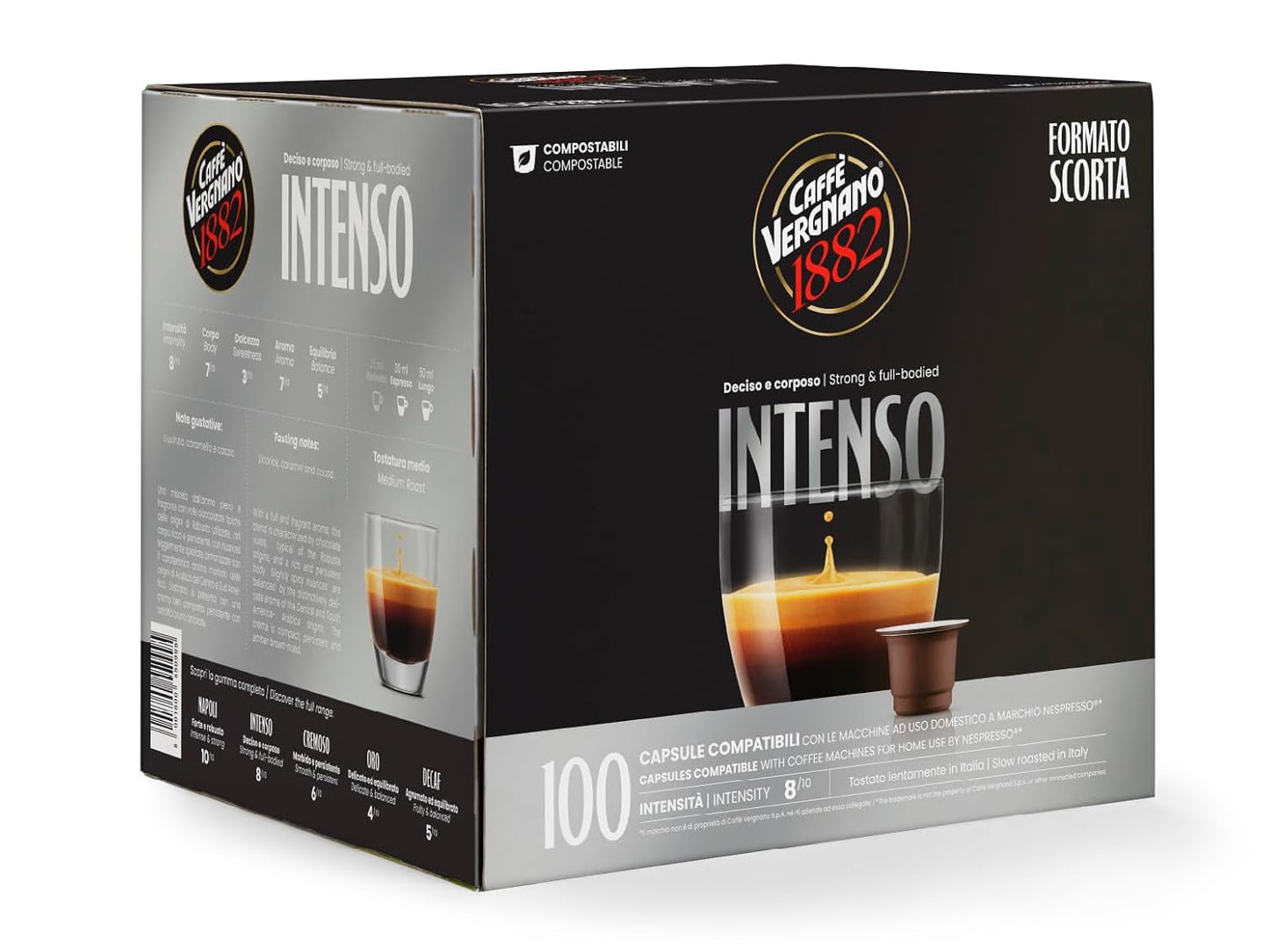 Caffè Vergnano 1882 - Èspresso Kompostierbare Kaffeekapseln , kompatibel med Nespresso, Intenso (Intenso) - Packung Enthälts 100 Kapseln