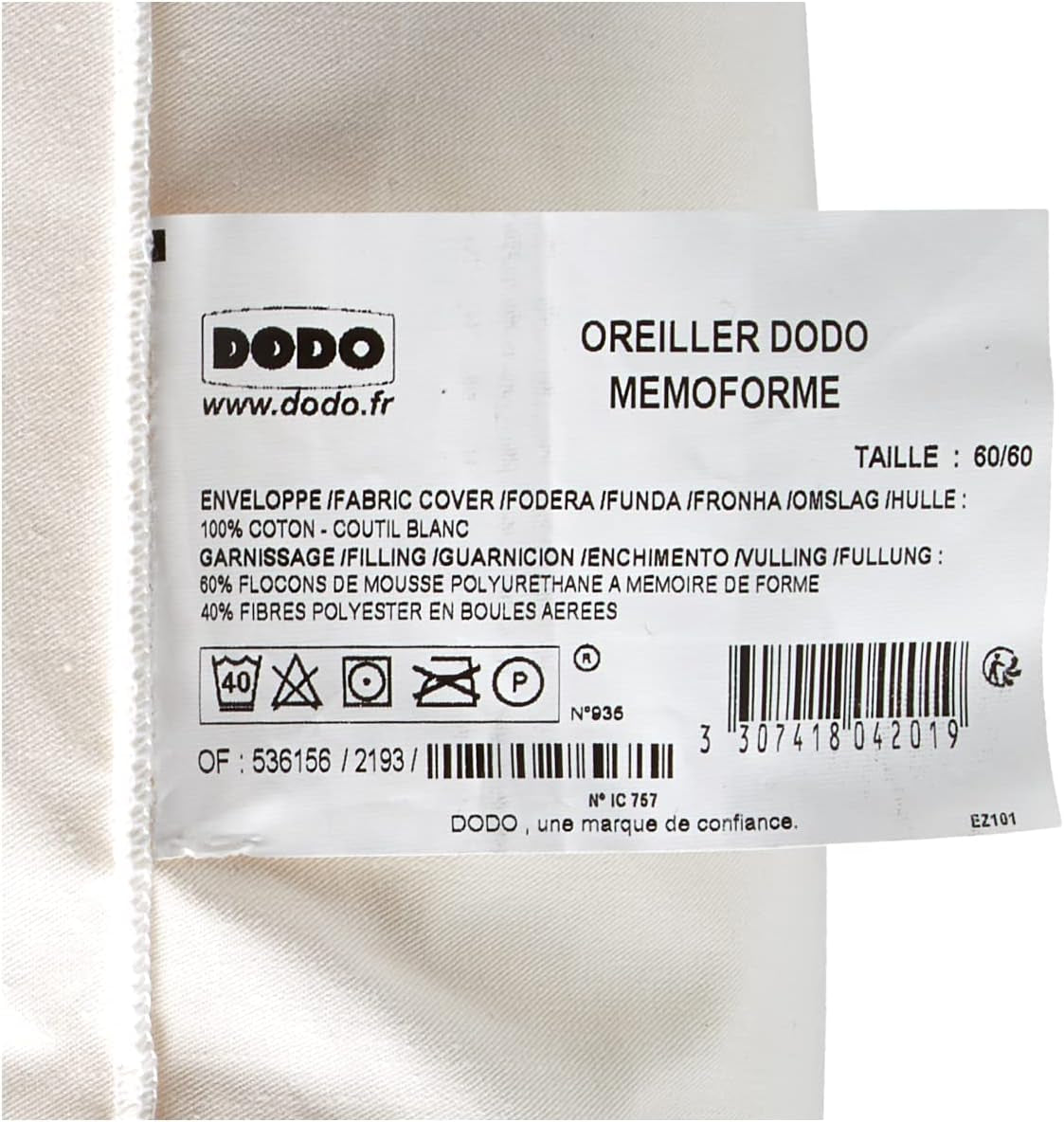 DODO OFM60 Ergonomisk latexpude, 60 X 60 cm, hvid Naty Shop standardpuder