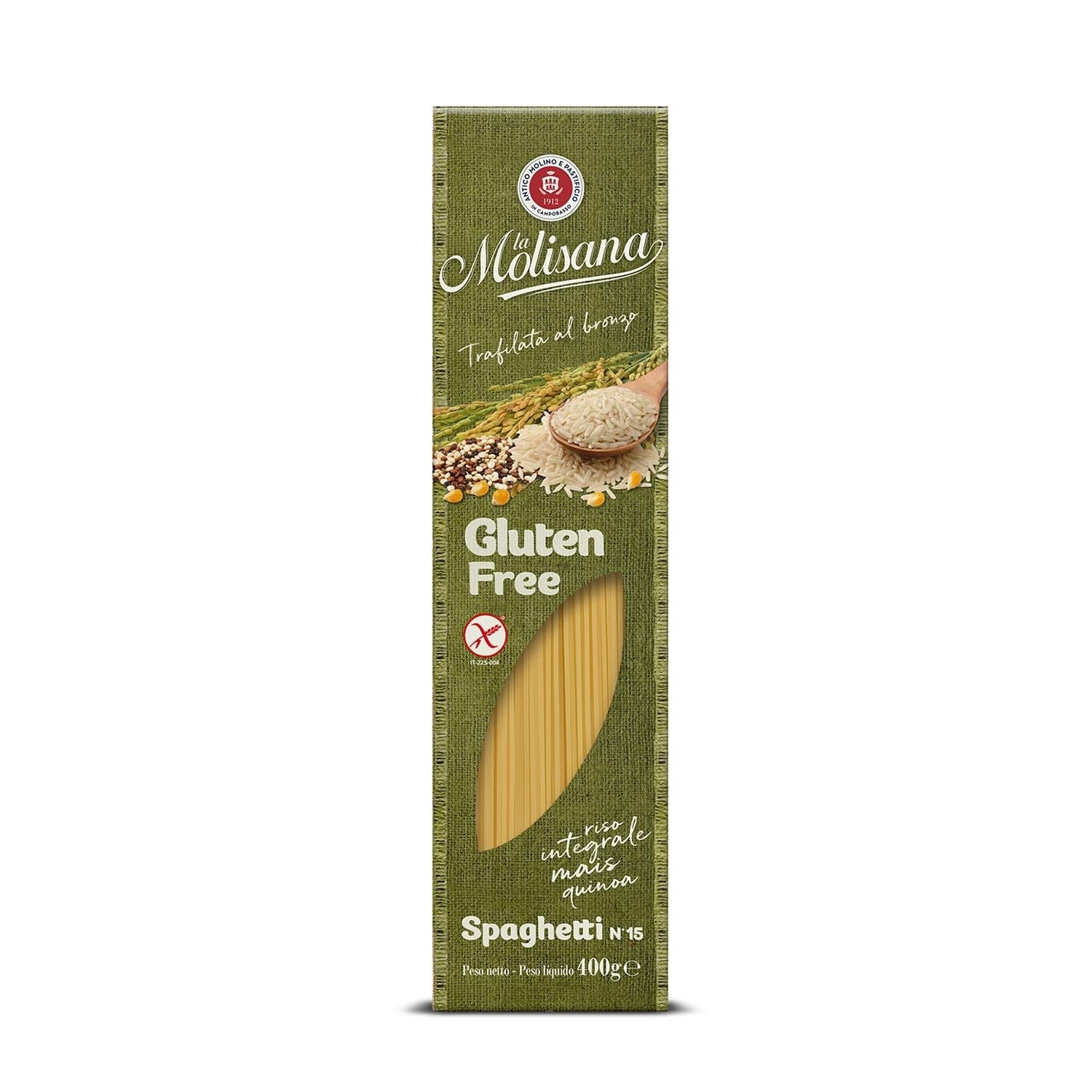 Spaghetti nr. 15 glutenfri, glutenfri pasta - Bronzebrændt pasta med hele ris, majs og quinoa - 400 g pakke