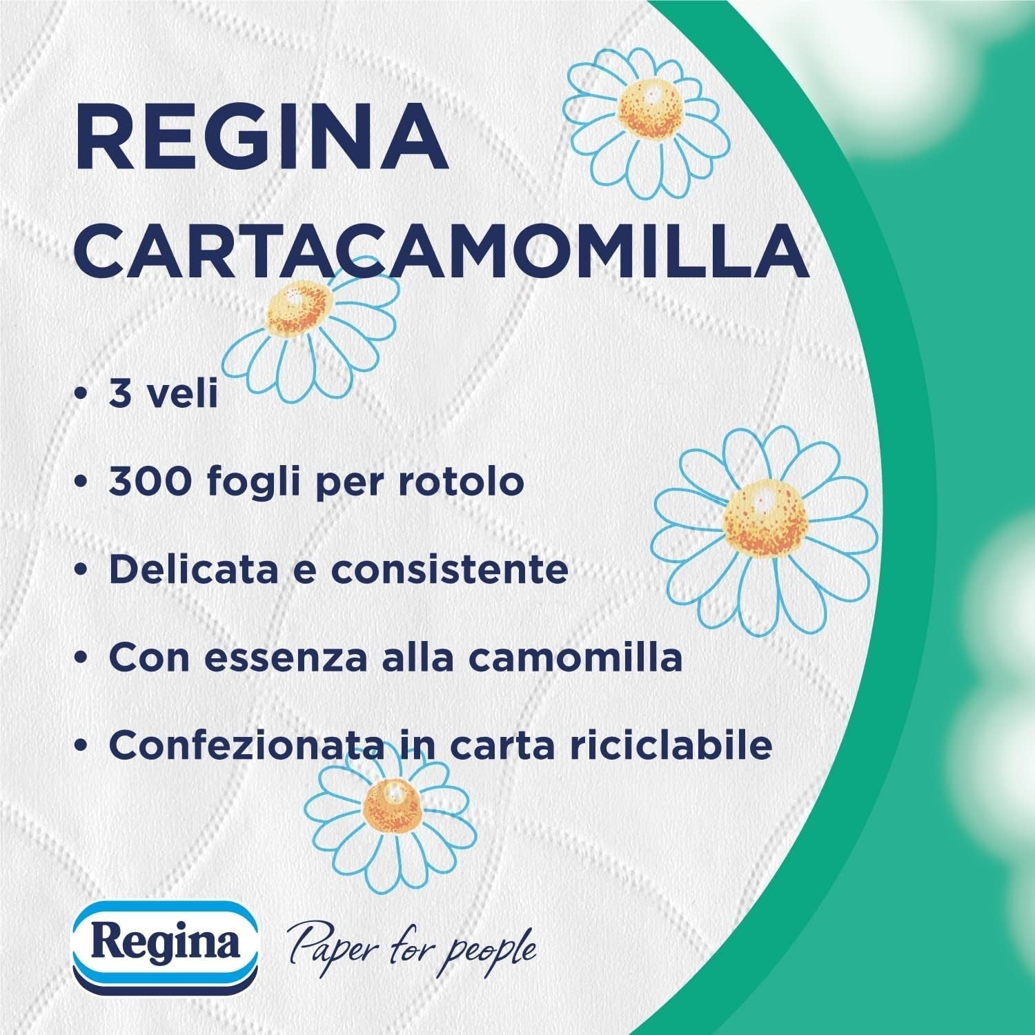 Regina Cartacamomilla - 8 ruller toiletpapir, 300 fluffy ark, 3-lags, blød og fast, genanvendelig papiremballage