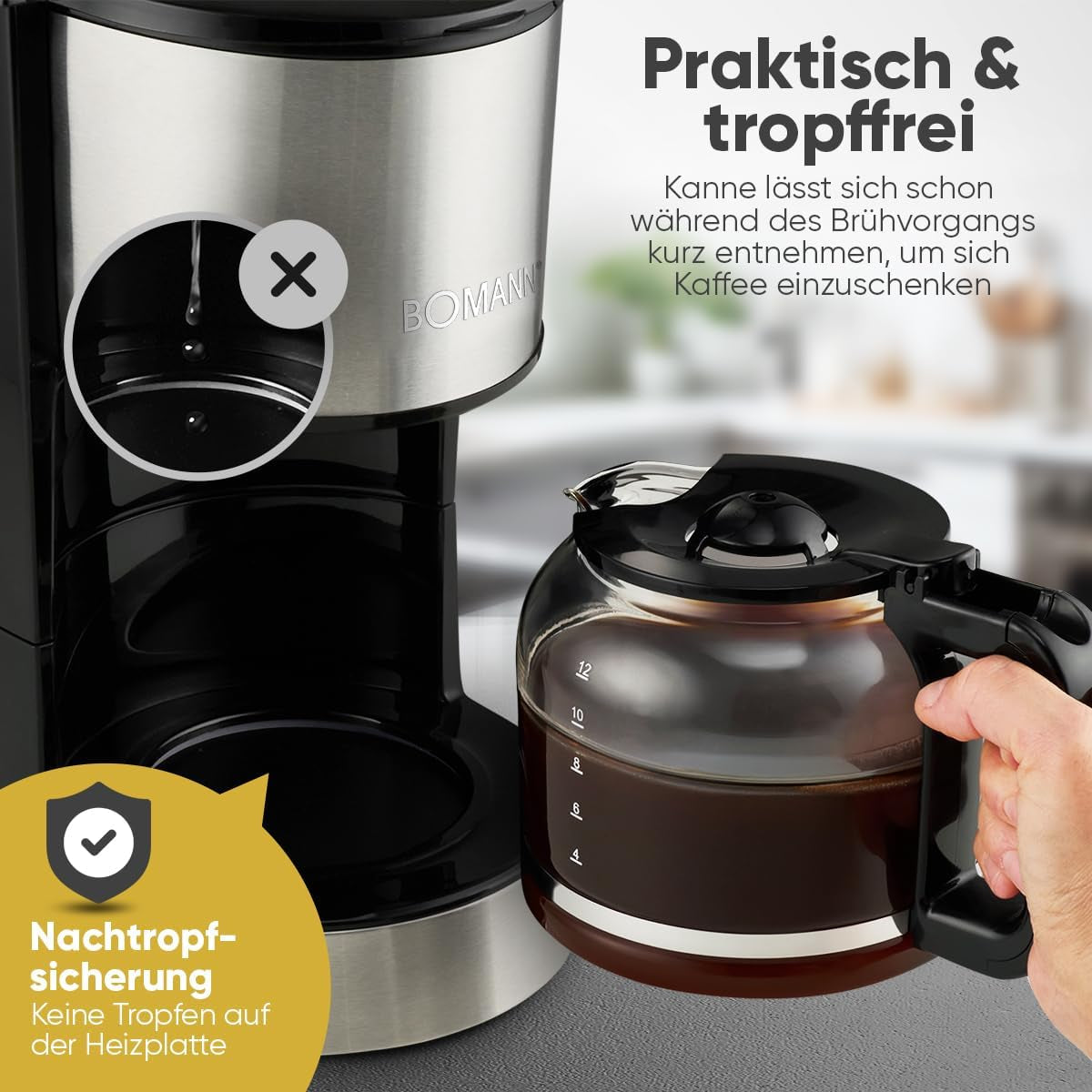 Espresso kaffemaskine med Bomann® filter | til 12-14 kopper | Kaffe espressomaskine med filter | Rustfri stålkasse | Anti-dryp | Espresso | Kaffe espressomaskine med filter | 800W | KA 6071 CB