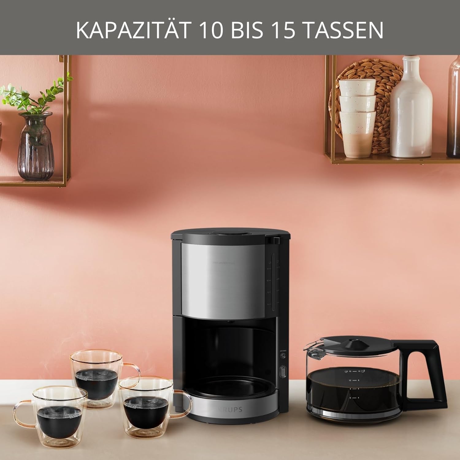 Krups KM3210 Pro Aroma Plus Espressomaskine, 10 kopper, 1,25 L, Hold varm i 30 minutter, Synligt vandstandsvindue, Anti-drypsystem, Sort med anvendelser i rustfrit stål