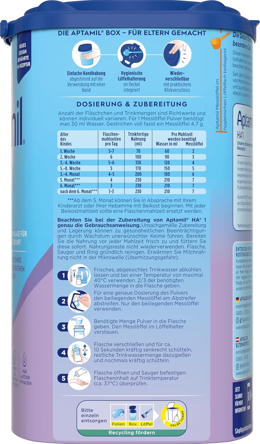 Aptamil HA 1 - Modermælkserstatning fra fødslen, med DHA, laktosefri, palmeoliefri, babymad, mælkepulver, 1 x 800 g