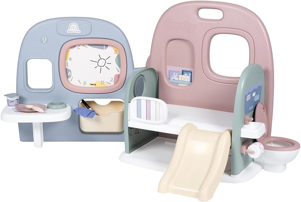 Smoby - Babypleje Dukke børnehave - Dukke legecenter Børnehave + Børnehave Dagligdagen - Sammenfoldelig legeplads med 360° rotation - 6 tilbehør - Lavet af 90% genbrugsmateriale i Frankrig, fra 3 år