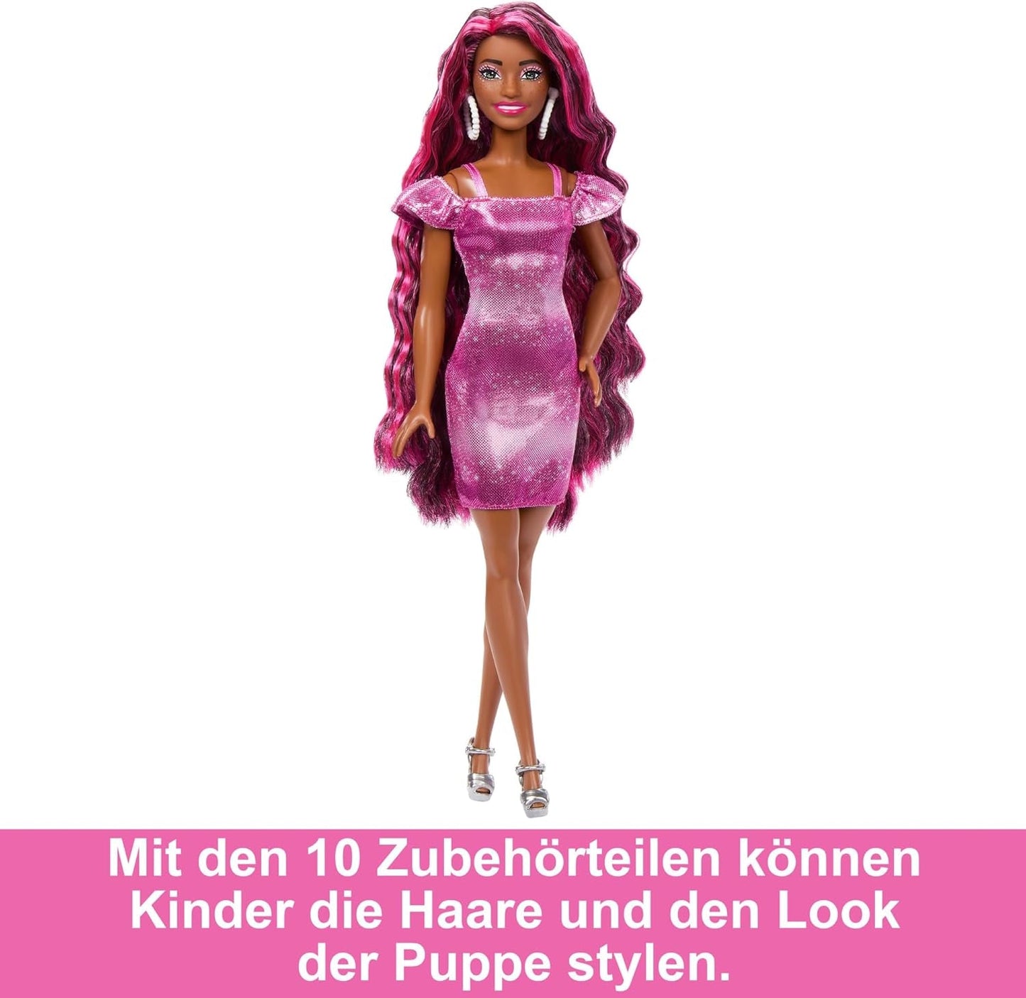 Barbie Doll Sjovt stilfuldt hår med ekstra langt farverigt sort hår og glitrende lyserød kjole 10 Frisure og modetilbehør JDC86