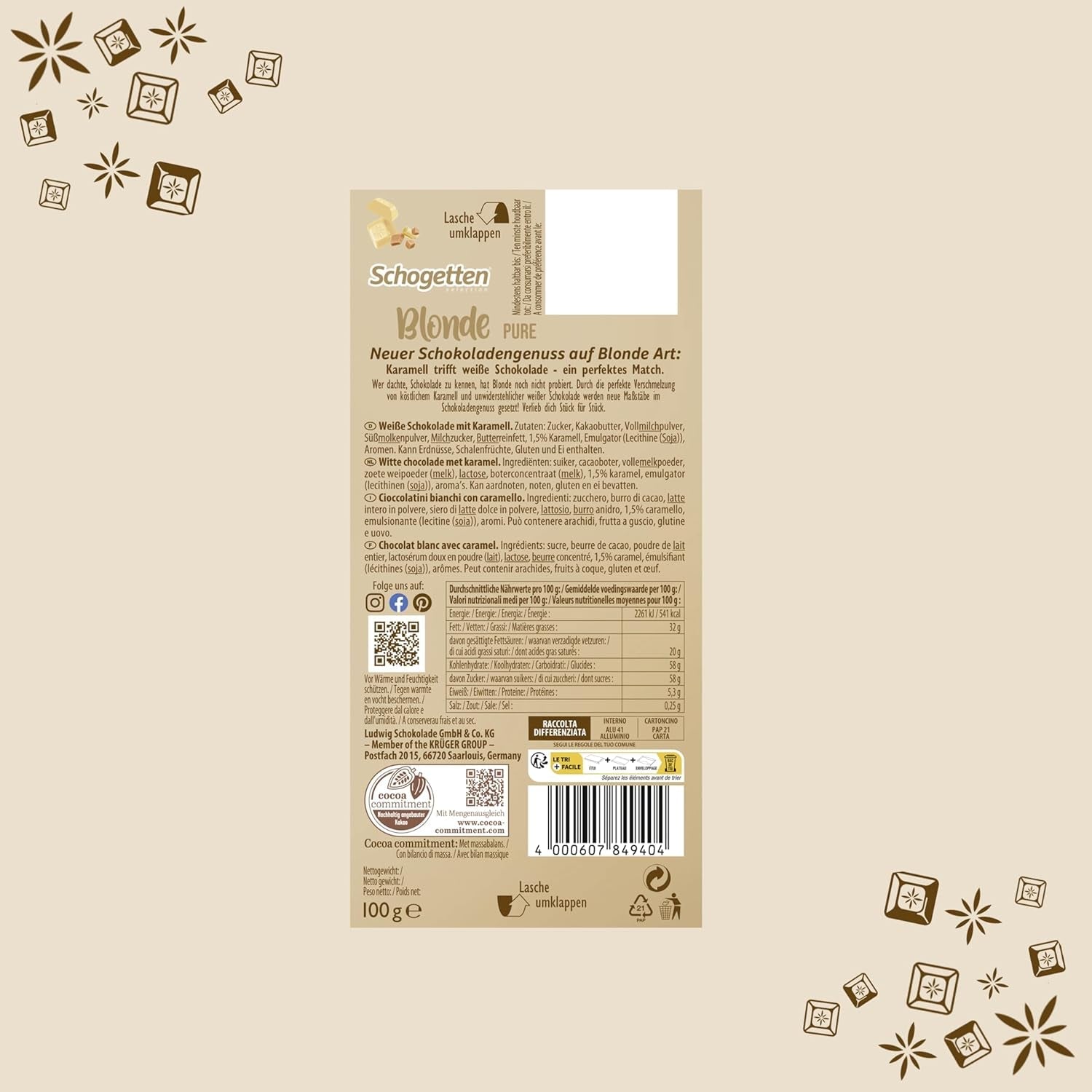 Schogetten Blonde Pure I hvid chokolade med karamel I 100 g I portioner individuelt (pakke med 2)