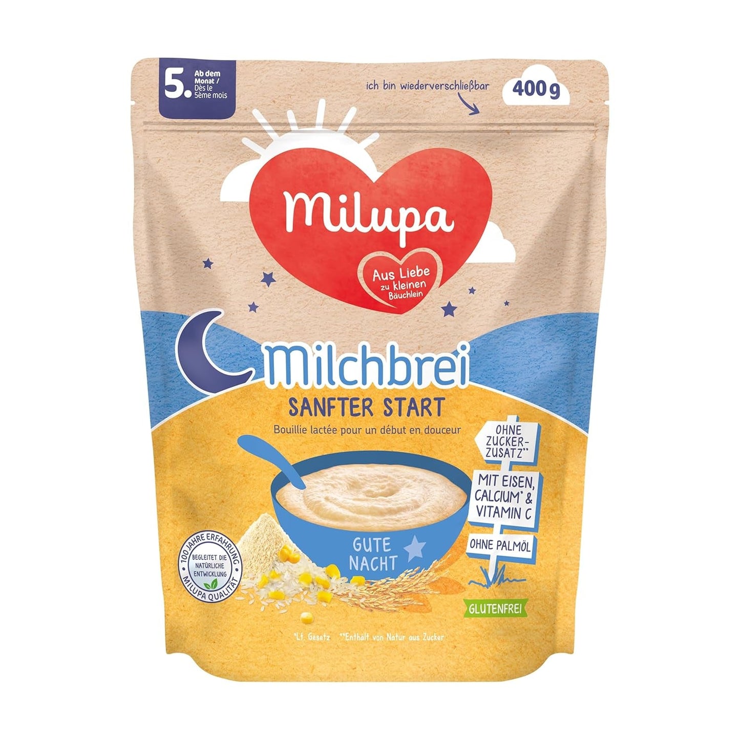 Mælkegrød Milupa Gentle Start - Kornprodukter til babyer uden gluten, uden palmeolie - Uden konserveringsmidler og farvestoffer - Fra 5 måneder - 4 x 400 g