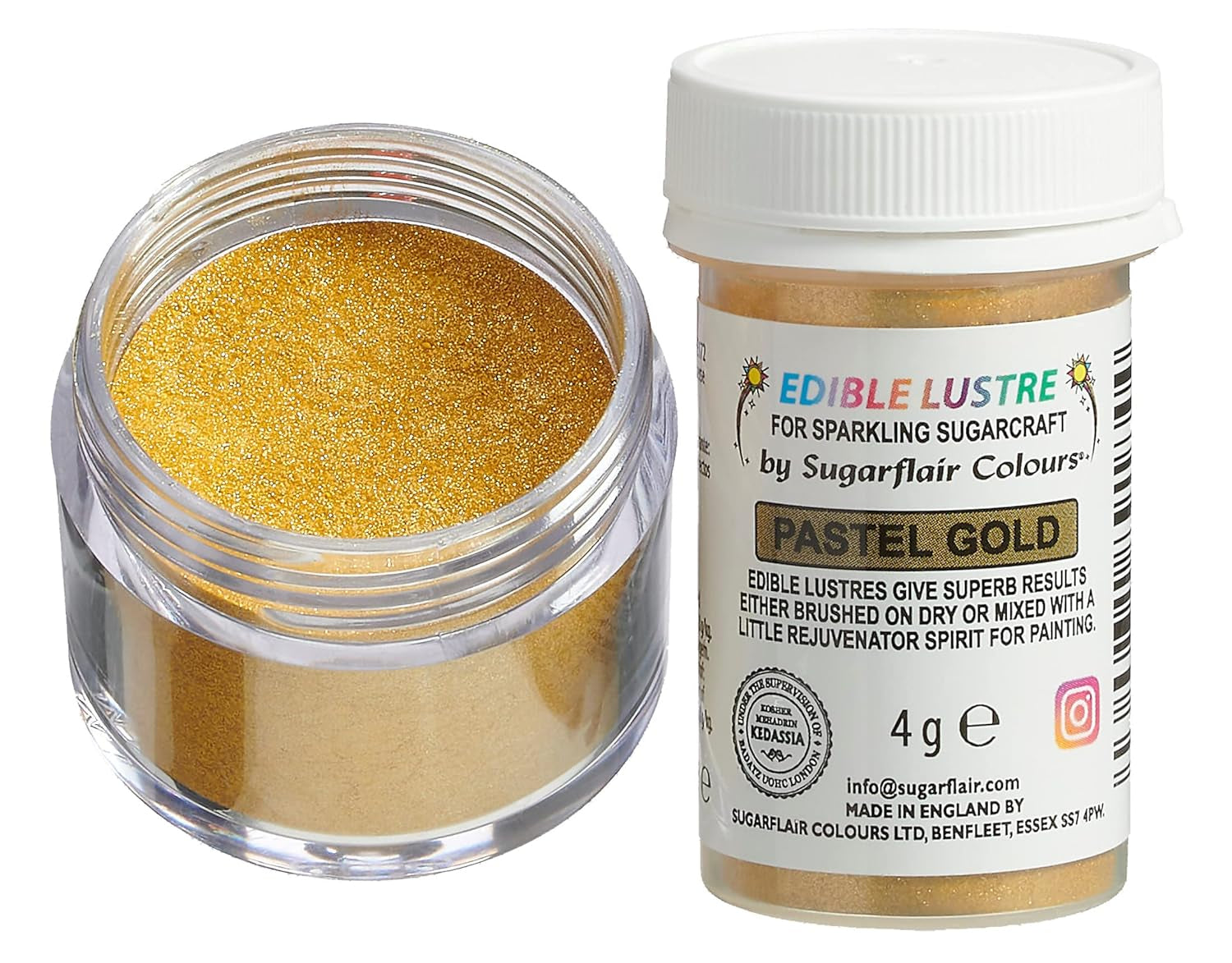Sugarflair spiselig madfarve, pastelguldfarve - madglanspulver til kager, muffins, chokolade, kager, desserter, is, drikkevarer, cocktails og mere - 4g
