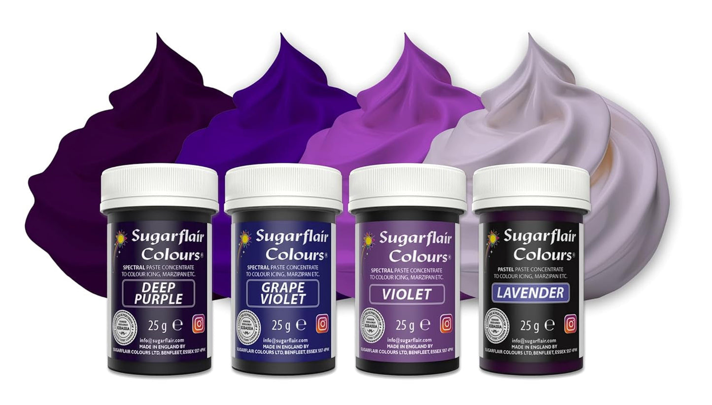 Sugarflair Pasta Madfarve Lilla Sæt med 4 Pasta Madfarve Fondant Marcipan Sukkerpasta Smørcreme og mere: Lilla, Lavendel, Drue Lilla, Deep Purple - Sæt med 4
