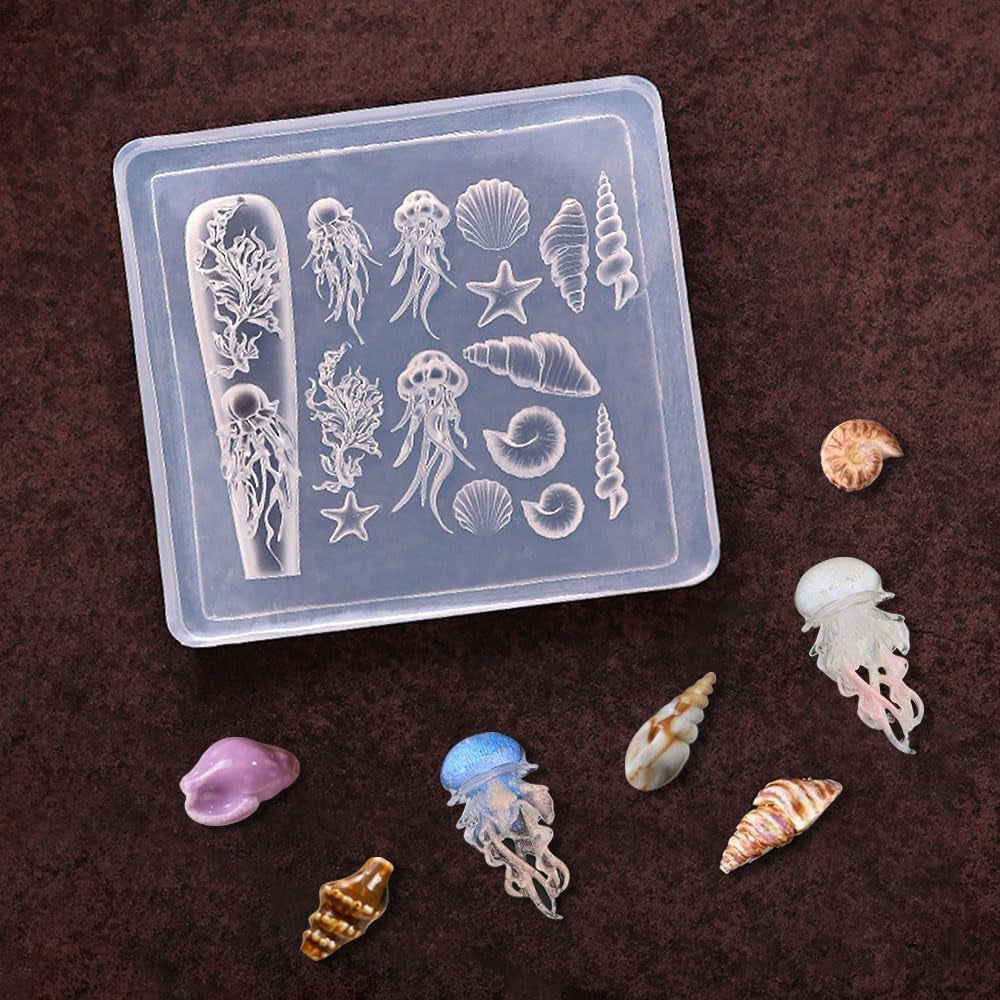 3D Gel Nail Art Silikonformen Gießformen Ocean Nail Charms Nageldesign Silikonform Quallen Muschel Nagelstempel Koralle Seestern Nagelschablonen Sommer Nagel Charms Nagel Schablone Nägel Tilbehør