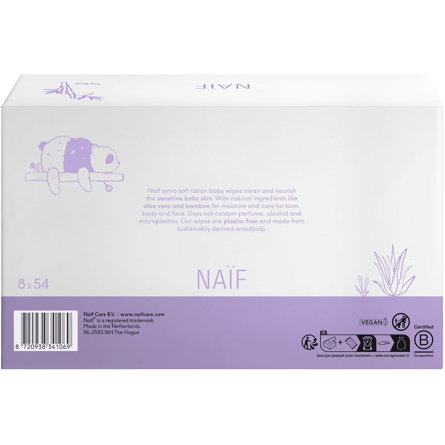 Naïf - Vådservietter med plastikfri lotion - 1296 stykker (24 pakker á 54 servietter) - til babyer og børn - Babys underdel, krop og ansigt - med Aloe Vera og bambus - 0% duft og alkohol