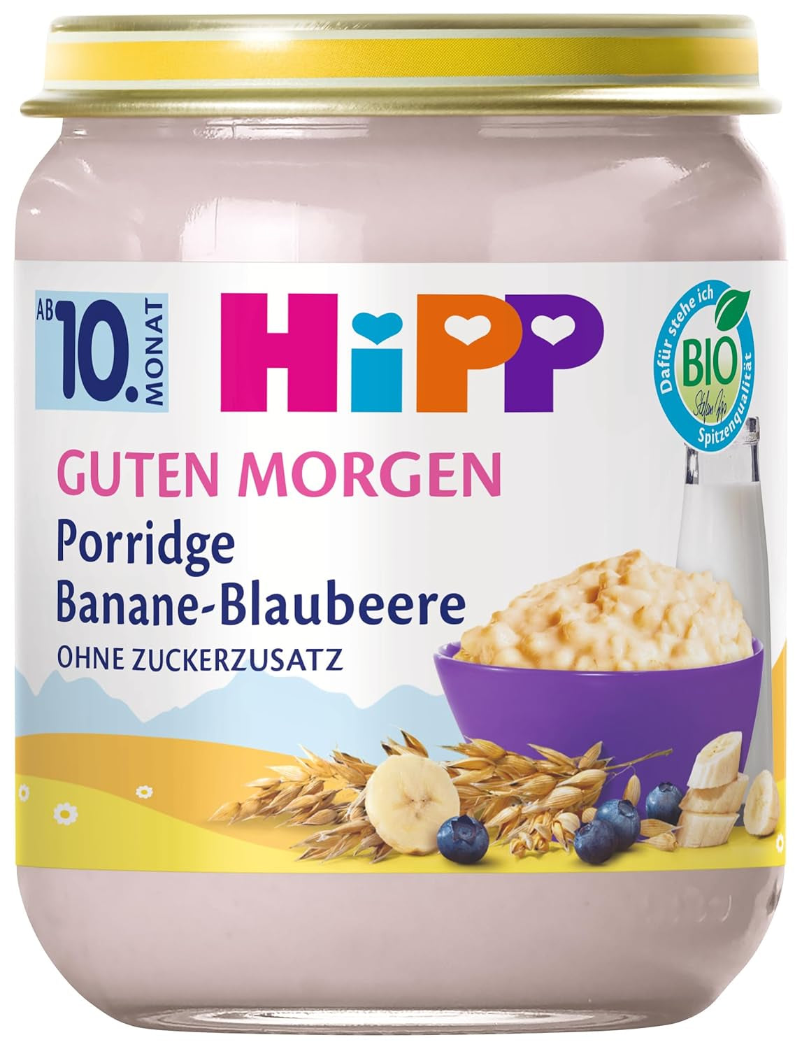 HiPP Good Morning økologisk havregryn med bananer og blåbær (6 x 160g), fra 10 måneder, uden tilsat sukker, god varm og kold, bedste økologiske kvalitet