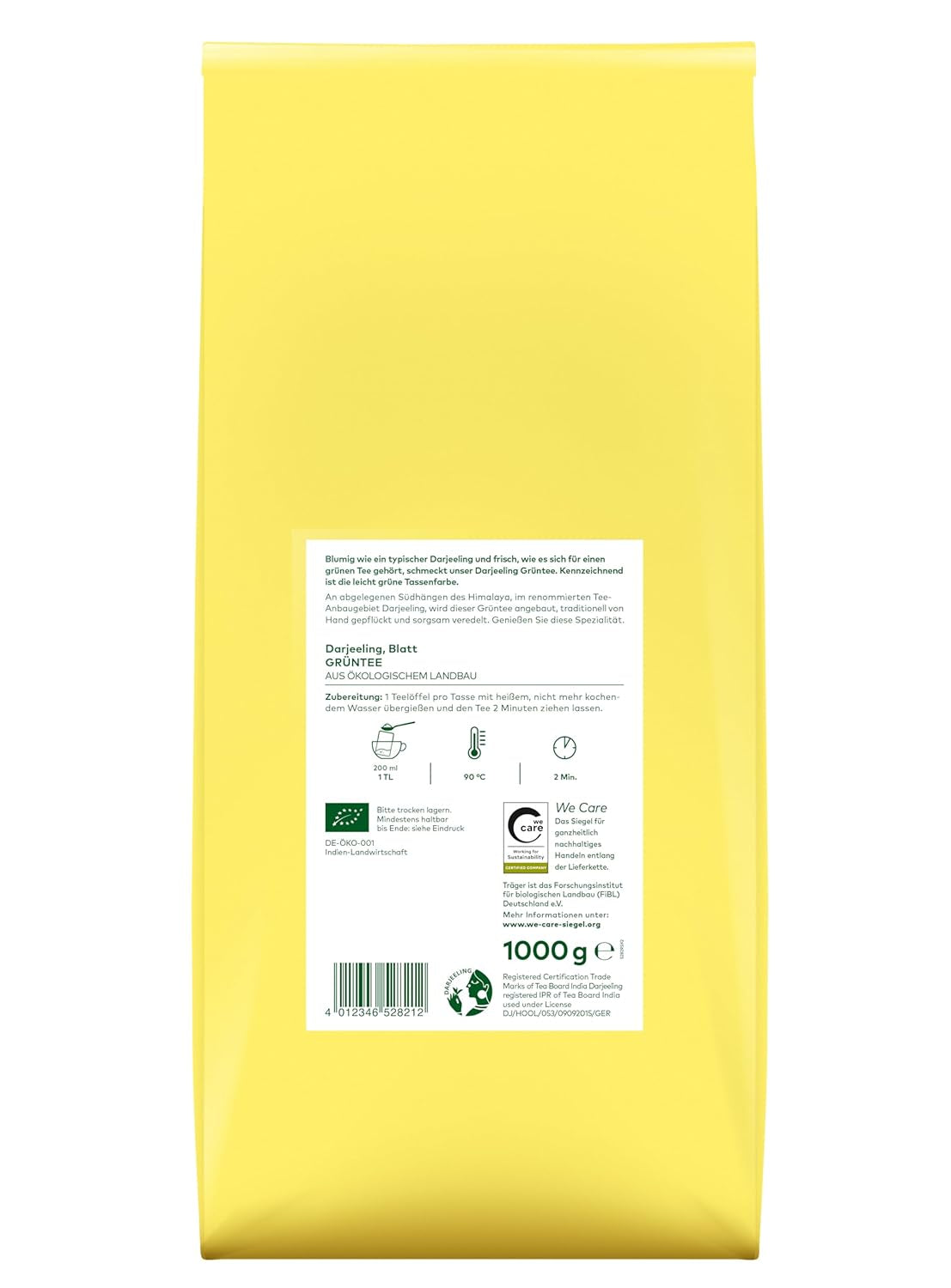 Lebensbaum Darjeeling grøn te med hele blade, økologisk te, grøn te med smag af friske blomster, lysegrøn farve, 1000 g