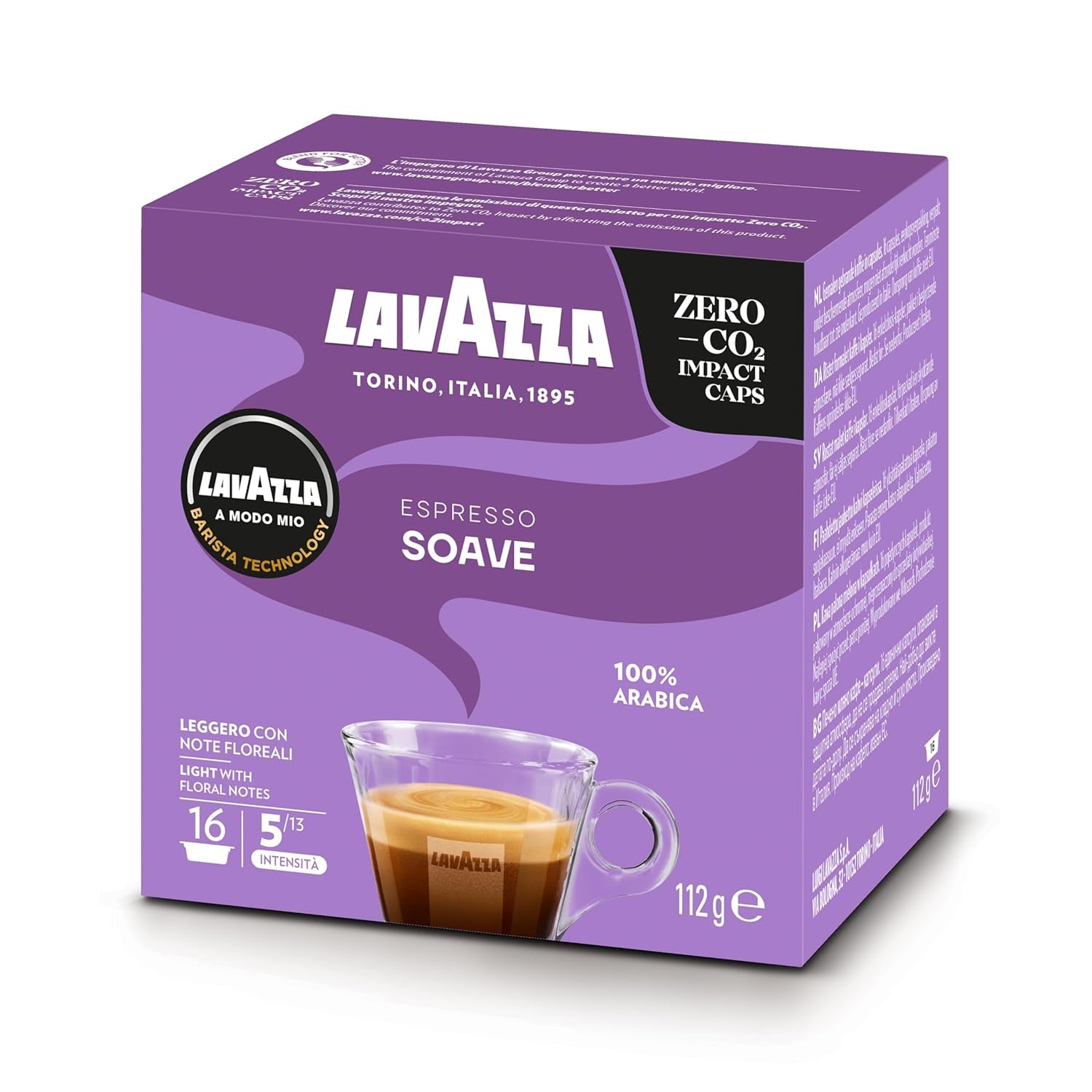 Lavazza, A Modo Mio Soave 256 Kaffeekapseln, für ene leichten og eleganten Espresso mit aromaticschen Noten von Blumen, 100% Arabica, Intensität 5/13, medium Röstung, 16 Packungen mit je 16