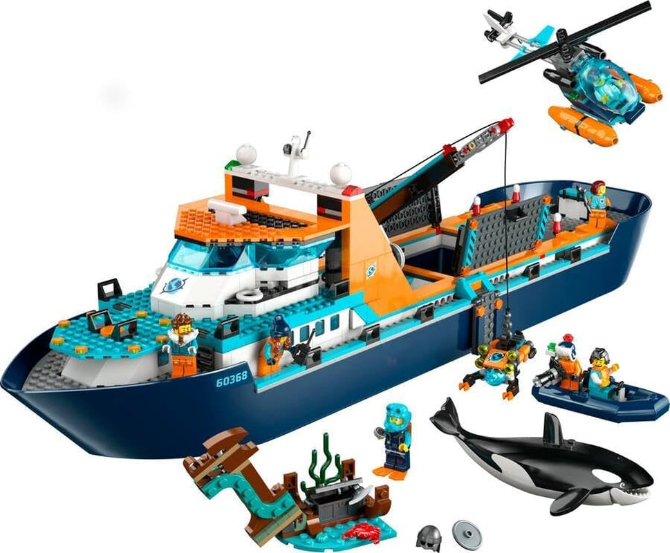 LEGO City Arctic Research Ship, stor flydende legetøjsbåd med helikopter, gummibåd, Rov-ubåd, vikingevrag, 7 minifigurer og spækhuggerfigur, gave til børn i alderen 7+ 60368 byggesæt Besuche den LEGO-Store