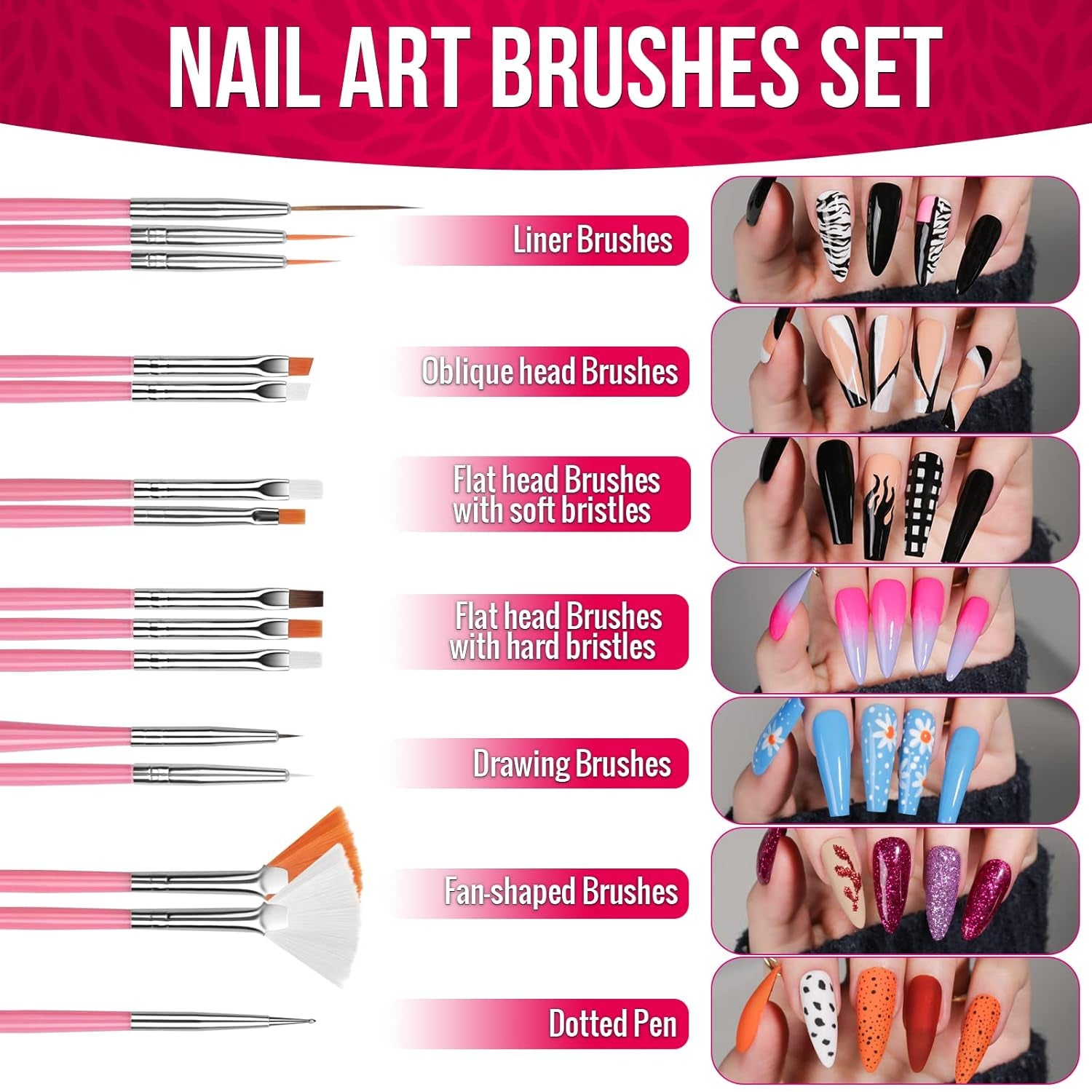 FANDAMEI Nail Art Brush Set, 15 Stücke Pinsel Für Gelnägel Nagel Pinsel, 5 Stücke Dotted Pen, 10 Rolle Streifenband Nägel, Strasssteine ​​​​Nägel, Ultra Dünn Nagel Paillettes Für Nagelkunst Maniküre Set