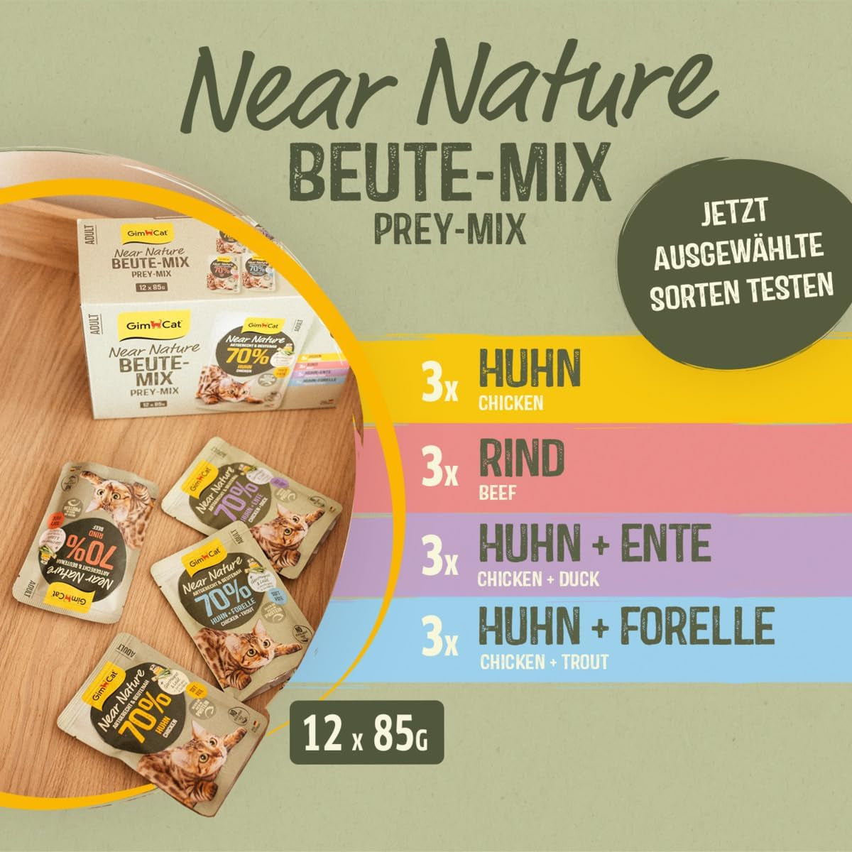 GimCat Near Nature Trial Mix 12 Pack - Vådkornsfrit foder til katte fra 7 måneder med en passende art og byttedyrsspecifik opskrift - 12 poser (12 x 85g)